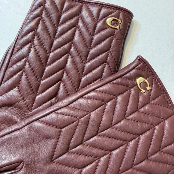Coach Womens Burgundy Chevron Sheep Leather Wool Lined Tech Gloves F75542 SZ 8